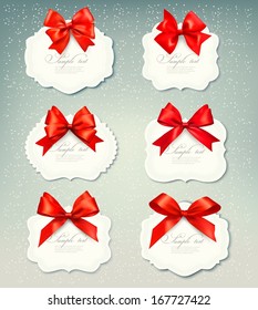 Set of beautiful retro labels with red gift bows with ribbons. Vector illustration. 