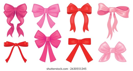 Conjunto de belos arcos de fita em estilo de desenho animado. Ilustração vetorial de seda rosa, arcos vermelhos de diferentes formas: único, duplo isolado no fundo branco.Meninas acessórios.Presente arcos.Decorações de cabelo.