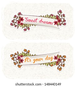 Set of beautiful ribbons with flowers and leaves. Vector format is easy to change colors and edit.