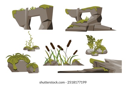 Set of beautiful rocks with plants in cartoon style. Vector illustration of various mountain, island rocks, slopes, stones with green grass, reeds, leaves, vines isolated on a white background.