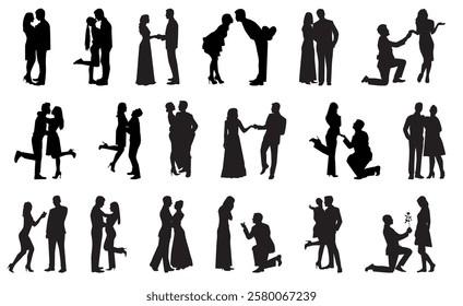 set of beautiful and romantic couple silhouette. Proposing, marrying, valentines day, engagement and dancing