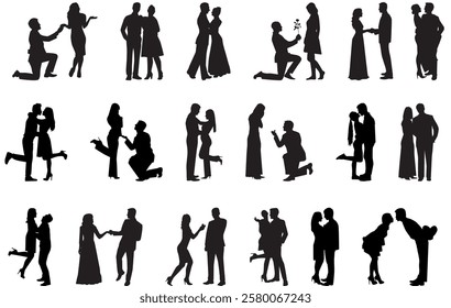 set of beautiful and romantic couple silhouette. Proposing, marrying, valentines day, engagement and dancing