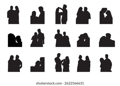 Set of beautiful and romantic couple 
vector silhouette. Woman, girl, man, people in love black white isolated illustration.
