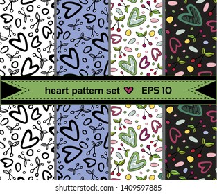 Set of beautiful romantic vector patterns with hearts and cherries.