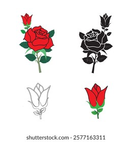 Set of beautiful roses with leaves 