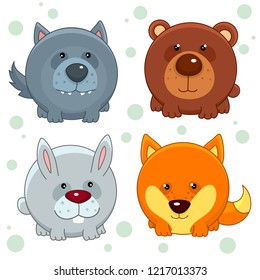 Set of beautiful round icons in the form of wild animals for children and design, wolf, bear, fox, hare or rabbit. Round animals inscribed in a circle.