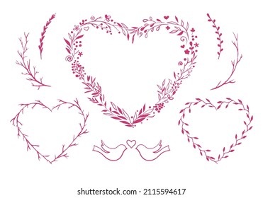 Conjunto de hermosos marcos rústicos florales rosados en el corazón. Ilustración vectorial. 