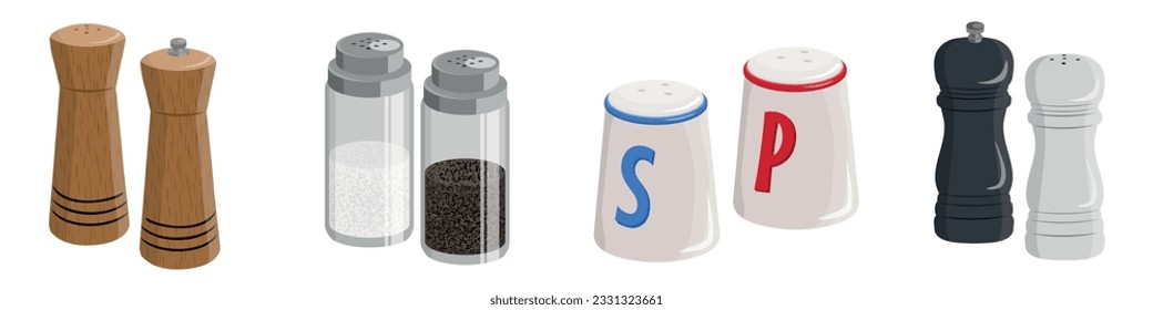 Set of beautiful salt and pepper shakers in a cartoon style. Vector illustration of a variety of salt and pepper shakers: wooden, glass, porcelain, with inscriptions isolated on a white background.