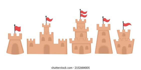 Set of beautiful sand castles for playing on the beach. Doodle flat clipart. All colors are repainted.
