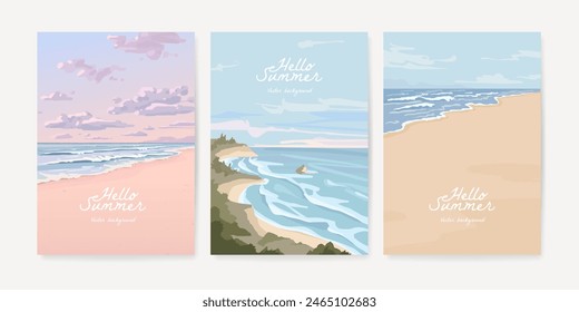 Set von wunderschönen sandigen Sommerstrand Hintergrund für Poster, Banner, Cover, Booklet und Grußkarte. Kollektion der Meereslandschaft. Vektorillustration