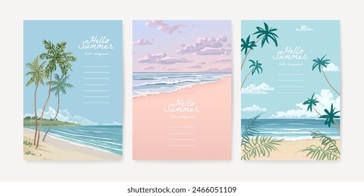 Set of beautiful sandy summer beach and palm trees background for poster, banner, cover, flyer and greeting card. Collection of sea landscape. Vector illustration