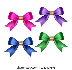 Set of beautiful satin bows on white background, blue, green, purple and fuchsia colors. Decorative item gift wrapping. Christmas, wedding, birthday decor. 3D vector. EPS10