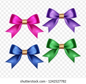 Set of beautiful satin bows on transparent background, blue, green, purple and fuchsia colors. Decorative item gift wrapping. Christmas, wedding, birthday decor. 3D vector. EPS10