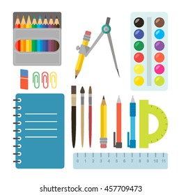 Set of beautiful school supplies in a flat style. Icons isolated on white background