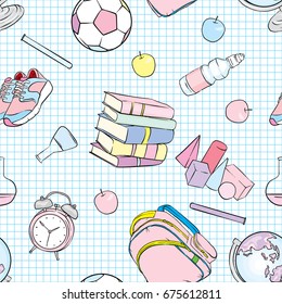 A set of beautiful school supplies. Geometric shapes, water with apple, globe, sneakers, ball, alarm clock, books and chemical flasks. Vector illustration for a postcard or a poster. Back to school.