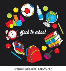 A set of beautiful school supplies. Geometric shapes, water with apple, globe, sneakers, ball, alarm clock, books and chemical flasks. Vector illustration for a postcard or a poster. Back to school.