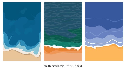 Set of beautiful sea backgrounds in cartoon style. Vector illustration of amazing summer sea views from above on blue sea with different waves and yellow sand isolated on white background.