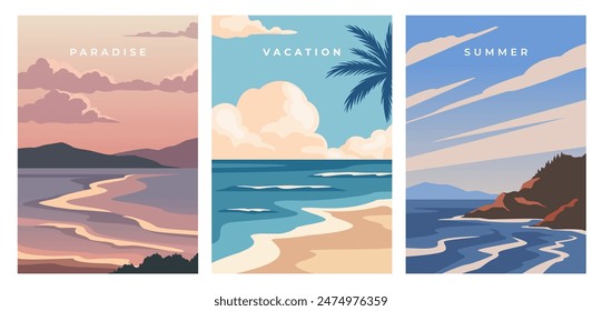 Conjunto de hermosos paisajes marinos. Carteles con paisajes marinos de verano, playas de arena, palmeras e islas tropicales. Vacaciones y vacaciones. Ilustraciones vectoriales planas de dibujos animados aisladas sobre fondo blanco