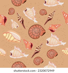 Set of beautiful sea shells on brown background. Pattern for des