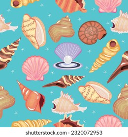 Set of beautiful sea shells on blue background. Pattern for desi