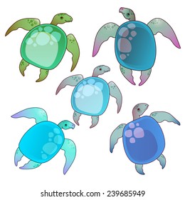 Set of beautiful sea turtles of different colors. Vector isolated on white background.