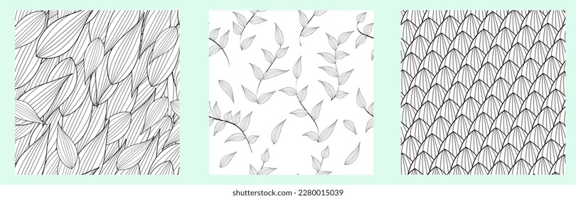 Set of beautiful seamless floral pattern. Modern tropical black and white patterns. Vintage background collection. Line art black seamless pattern on white background. Spring botanical print.