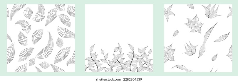 Set of beautiful seamless floral pattern. Modern tropical black and white patterns. Vintage background collection. Line art black seamless pattern on white background. Spring botanical print.