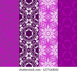 Set of Beautiful Seamless Flower Ornament Vector Illustration. Abstract. Paper For Scrapbook. Purple color.