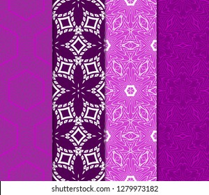 Set of Beautiful Seamless Flower Ornament Vector Illustration. Abstract. Paper For Scrapbook. Purple color.