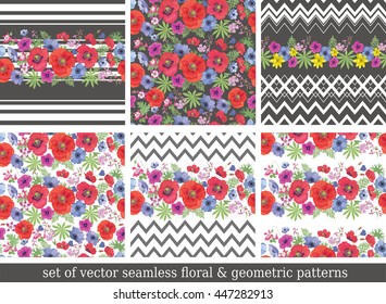 Set of Beautiful Seamless Patterns with Flower, Zigzag and Stripes . Gypsy Style. Summer Ornaments with Poppies and Anemones. Vector Backgrounds with Garden Flowers.