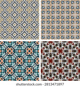 Set of beautiful seamless patterns with oriental motifs. Overlapping art forms, stripes, polygons, segments are grouped and arranged in a certain order. Vector. 
