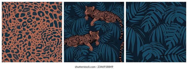 Set of beautiful seamless patterns of palm leaves and leopards. A modern bright illustration in trendy colors.