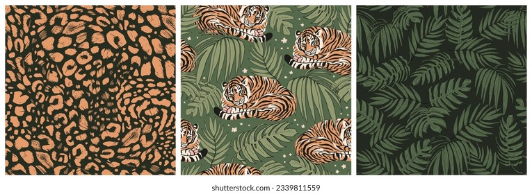 Set of beautiful seamless patterns of tigers, leaves, and flowers. Delicate light modern illustration for fabric, wrapping paper, and wallpaper.