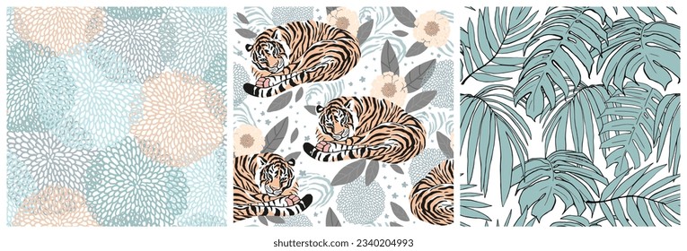 Set of beautiful seamless patterns of tigers, leaves, and flowers. Delicate light blue modern illustration for fabric, wrapping paper, and wallpaper.