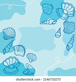 set of beautiful seashell illustration isolated on blue sea water. marine life background. hand drawn vector. shell frame, border. doodle art for wallpaper, poster, greeting and invitation card. 