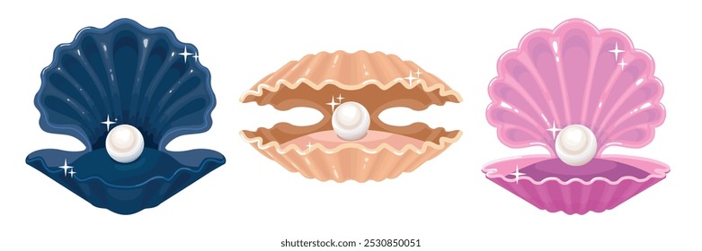 Set of beautiful seashells with pearls in cartoon style. Vector illustration of white pearls in colored shells, open and half-open: blue, beige, pink isolated on a white background. Precious jewelry.