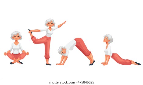 Set with beautiful senior woman in various poses of yoga, cartoon style vector illustration isolated on white background. Beautiful old doing yoga, collection of asanas, healthy lifestyle