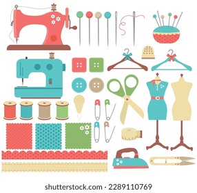 Set of beautiful sewing clipart. Set of various sewing tools and accessories. Sewing accessories. Vector graphics. Isolated on white background.