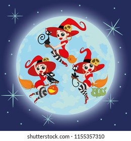set of beautiful sexy witches in the background of the moon. vector illustration