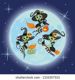 set of beautiful sexy witches in the background of the moon. vector illustration