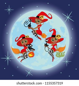 set of beautiful sexy witches in the background of the moon. vector illustration