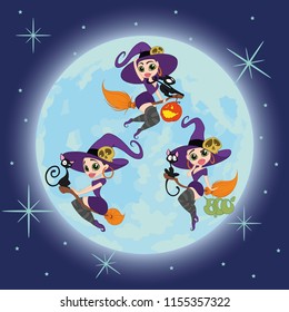 set of beautiful sexy witches in the background of the moon. vector illustration