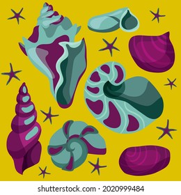 Eine Reihe von schönen Muscheln. Moluski, ein Seestern. Pop Art, Psychedelie. Vektorgrafik, abstrakte, hipster-Illustration. Unterwasserbewohner, isolierte Ozeanschalen. Eine Unterwasserfauna. Shopper.