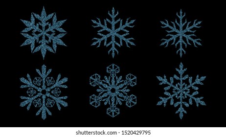 Set of beautiful shiny complex Christmas snowflakes made of sparkles in light blue colors