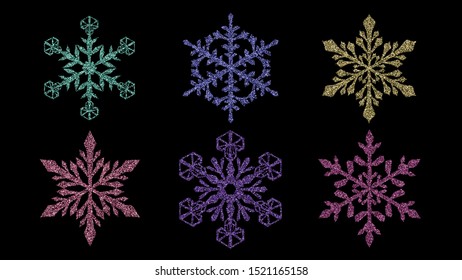Set of beautiful shiny complex Christmas snowflakes made of sparkles in various colors