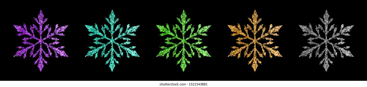 Set of beautiful shiny complex Christmas snowflakes made of sparkles in various colors