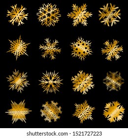 Set of beautiful shiny complex Christmas snowflakes made of sparkles in golden colors