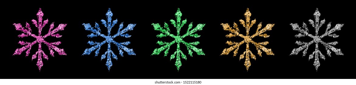 Set of beautiful shiny complex Christmas snowflakes made of sparkles in various colors