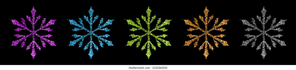 Set of beautiful shiny complex Christmas snowflakes made of sparkles in various colors