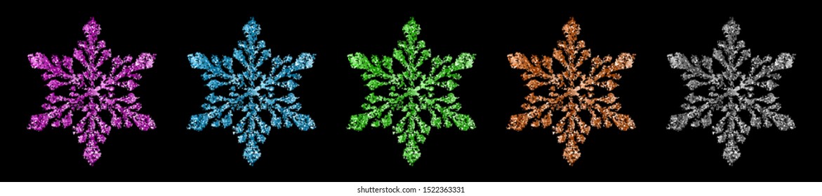 Set of beautiful shiny complex Christmas snowflakes made of sparkles in various colors